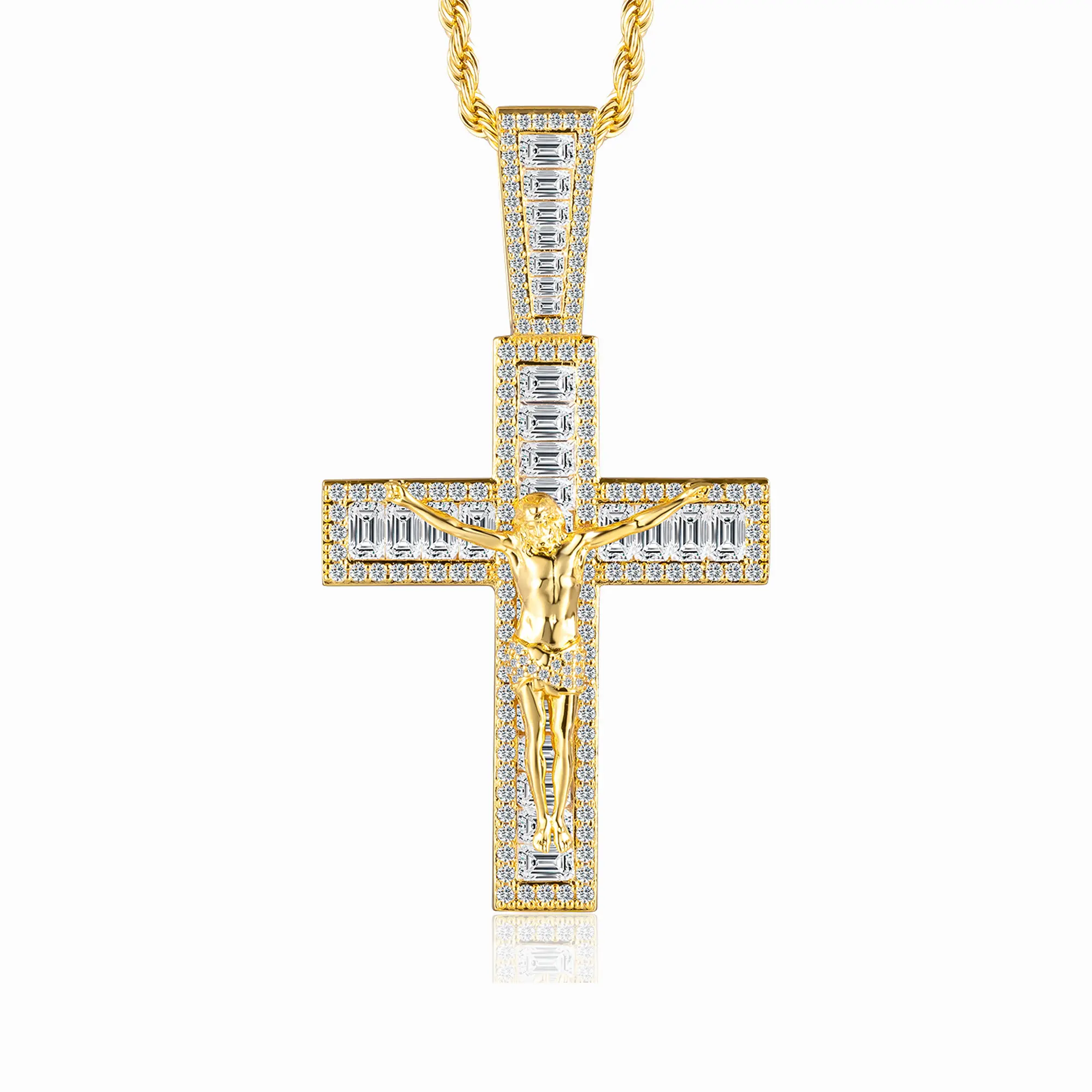 TRIPOD JEWELRY Mens Iced Out Crucifix Necklace Baguette CZ Jesus Cross Pendant 18K Gold Plated Brass Hip Hop Jewelry for Men Husband 24 Inch Rope Chain