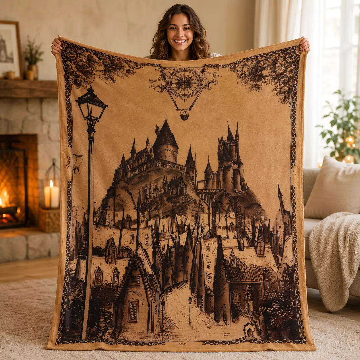 Vintage Wizard Castle Flannel Blanket, Antique Magic School Map 280gsm Soft Cozy Throw for Couch Bed, Dark Academia Fantasy Bedroom Decor Gift