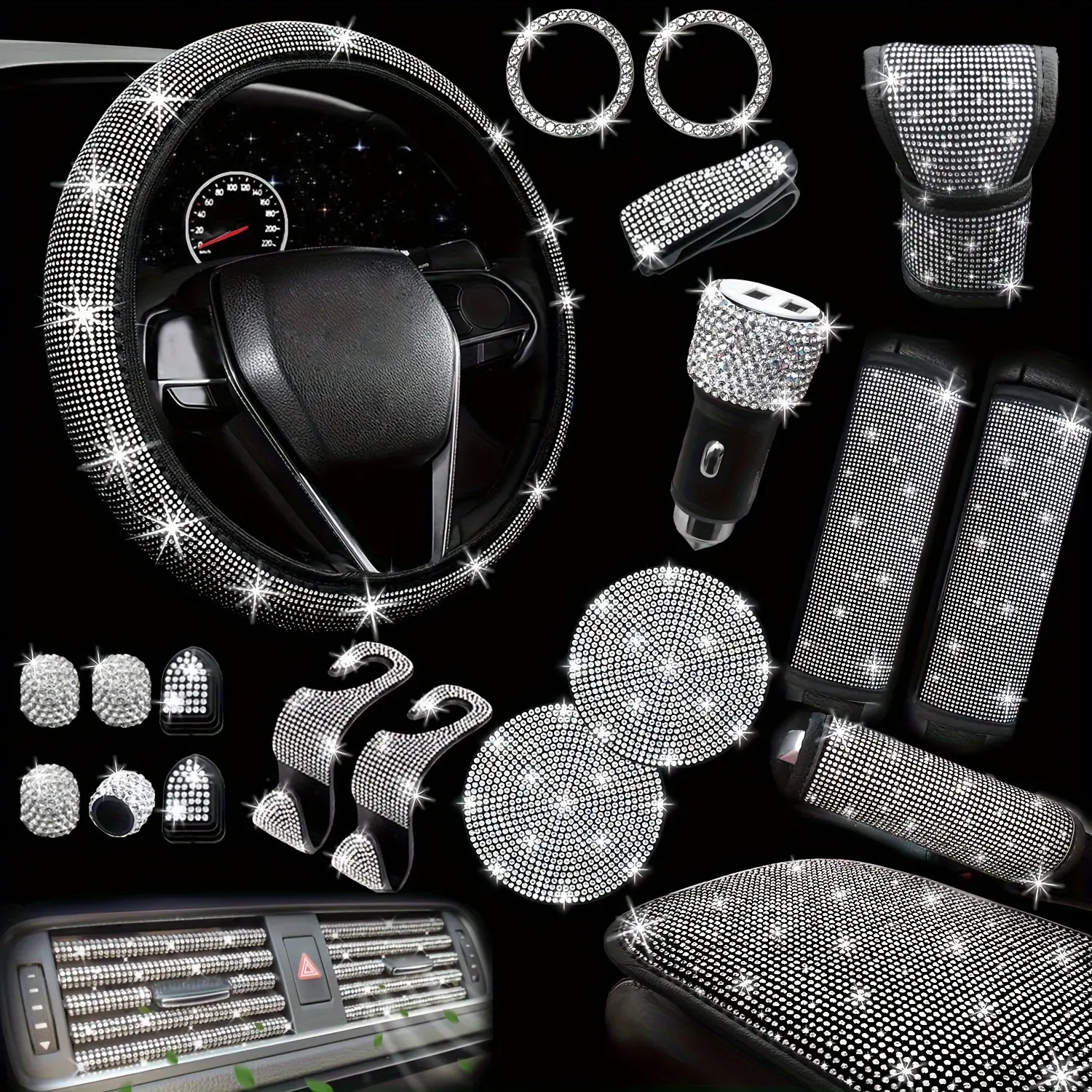NBTEPEM 30 PCs Bling Car Accessories Set for Women Steering Wheel Covers Universal Fit 15 Inch Seat Belt Covers Armrest Cover Gear Shift Covers with Sparkling Rhinestones