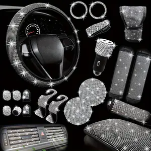 NBTEPEM 30 PCs Bling Car Accessories Set for Women Steering Wheel Covers Universal Fit 15 Inch Seat Belt Covers Armrest Cover Gear Shift Covers with Sparkling Rhinestones