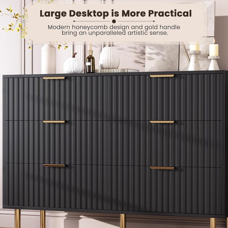 Fluted 6 Drawer Dresser for Bedroom,47.2 in Wide Modern Chest of Drawers with Deep Drawers,Large Double Dresser TV Stand,Wooden Organizer for Living Room,Hallway,Kids Room,Black
