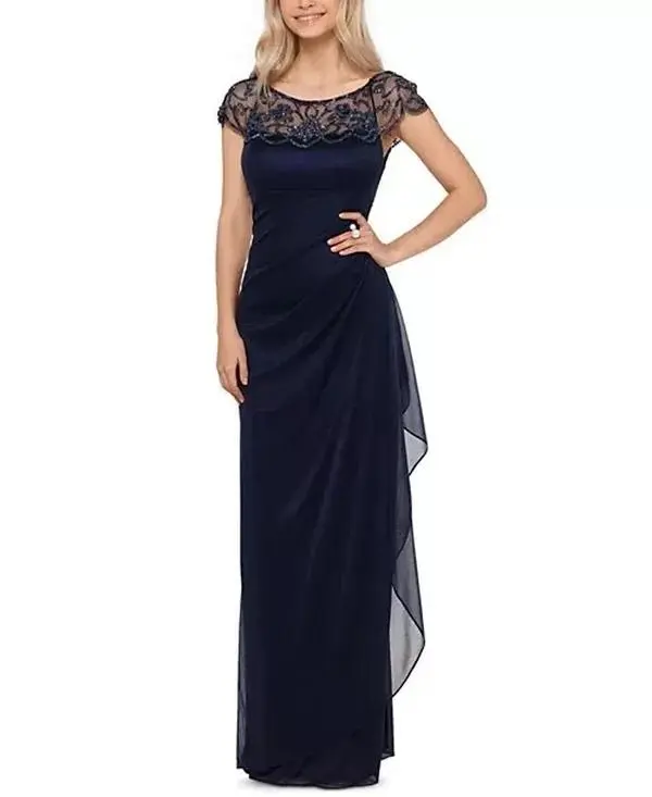 XSCAPE Women's Petites Embellished Long Evening Dress, Navy, Size 8P