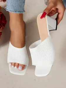 Korean Summer Knit Mules, Chunky Heel High Heels, Commute & Date Shoes, Multifunctional Fashion Sandals, Textile Material, Rubber Sole, Women, Fashionable Sandals