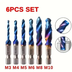 Six hexagonal shank high-speed steel metric thread taps, available in sizes M3, M4, M5, M6, M8, and M10. These metalworking tools are compact, durable, and suitable for both hobbyists and industrial professionals.