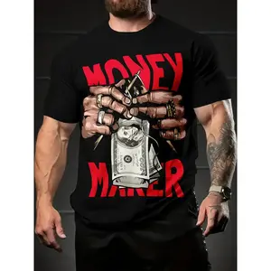 Men's "Money Maker" Graphic Tee - Bold Black with Red & White Print, Casual Summer Short Sleeve T-Shirt, Comfortable Polyester Crew Neck,Machine Washable