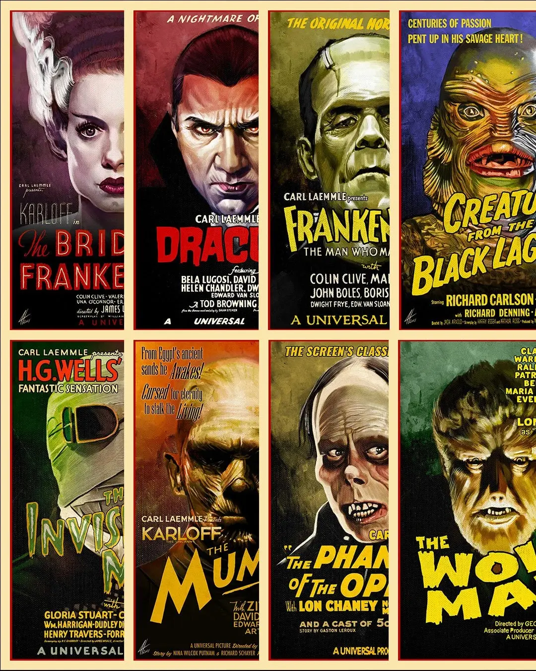 Universal Monsters Unframed Poster Set Classic Horror Movie Icons Art Prints Halloween Wall Art, Premium Poster, Home Decor Idea, Room Decoration, Wall Art Decor