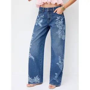 Cider Washed Denim Low Rise Floral Wide Leg Jeans