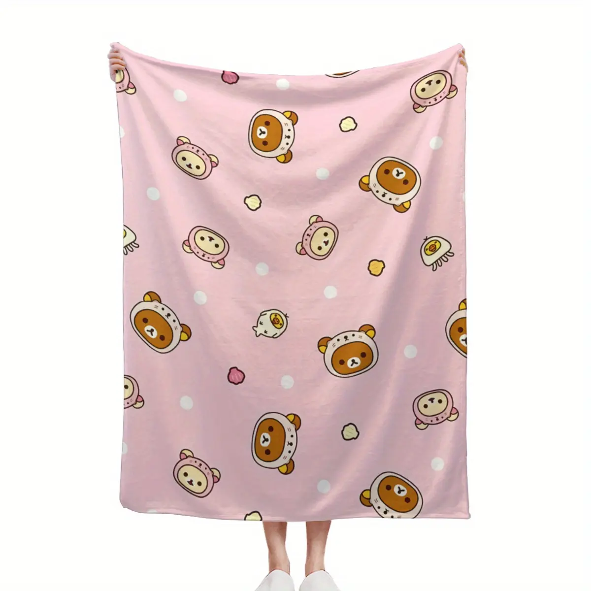 Classic R-Rilakkuma Character Print Flannel Blanket, Soft, Wrinkle-Resistant, Durable, Fade-Resistant, Machine-Washable Multifunction Warm Lid Blanket A7