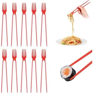 10 count Chopstick Fork, Plastic Chopsticks Fork Combo,  Chopstick for Beginners Adults, Disposable Forkchops Chopsticks for Outdoor Camping Picnic, Red