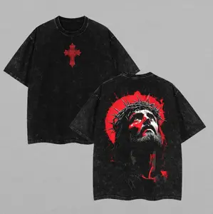 Faith over fear vintage washed high quality cotton printed T-shirt men's T-shirt old summer clothing dropped shoulder sleeves round neck short sleeve top