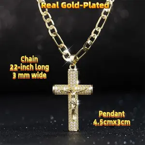 18k Real Gold-Plated Cuban, Miami Cross with Jesus Christ Crucifix,Handcrafted Polishing and Multiple Electroplating