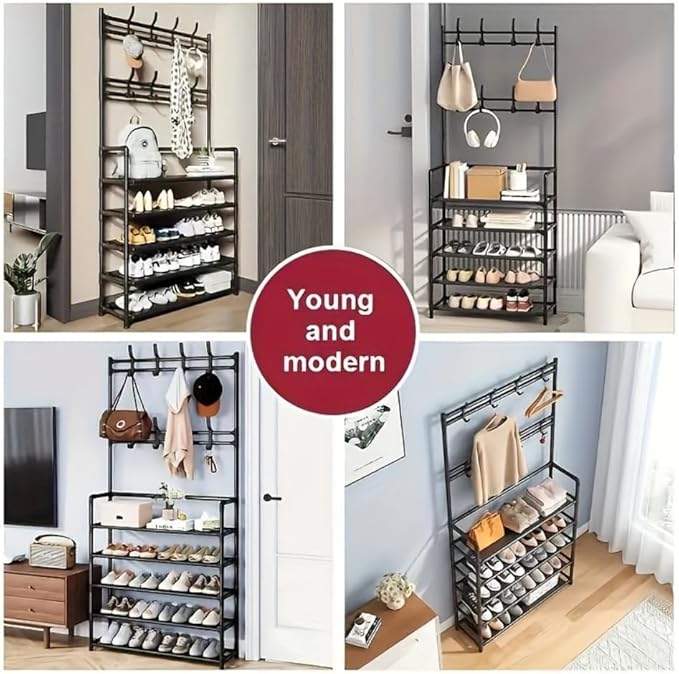 5-Layer Shoe and Coat Rack Stand, Coat Rack Shoe Bench With 8 Hooks,Metal Coat Hat Rack Free Standing Clothes Stand, Easy Assembly Organiser Multicolor
