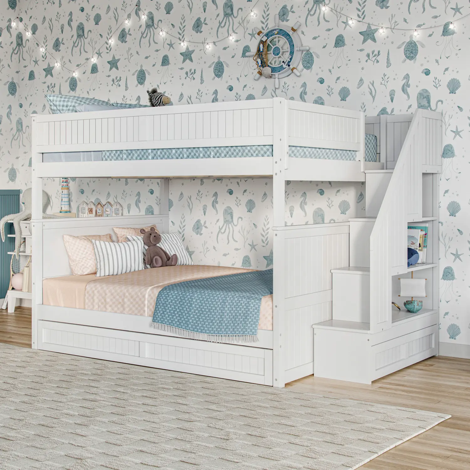 Homestock City Sleek Staircase Bed Loft with Storage Drawer and Twin Trundle