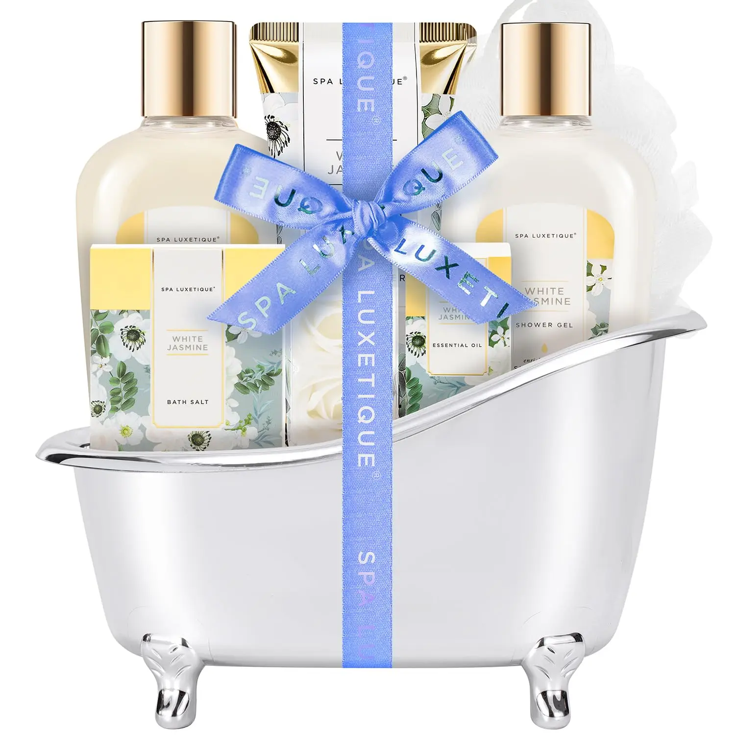 Spa Luxetique Bath and Body Care Gifts for Women 8pcs Jasmine Scented Spa Sets with Bubble Bath Gift Basket