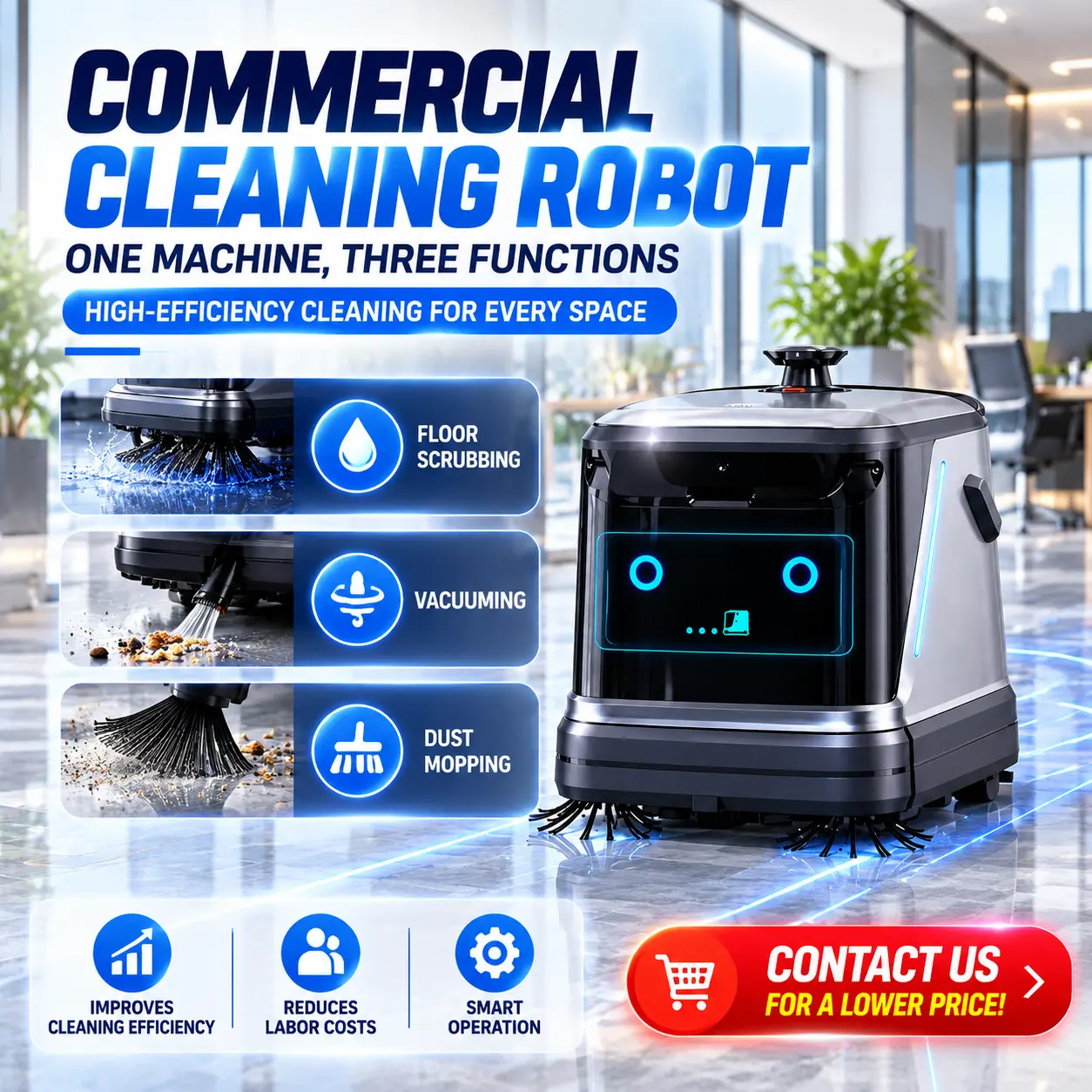 Commercial Floor Cleaning Robot - Automatic Floor Scrubber with Sweeping, Vacuuming, Mopping Functions for Factories, Warehouses