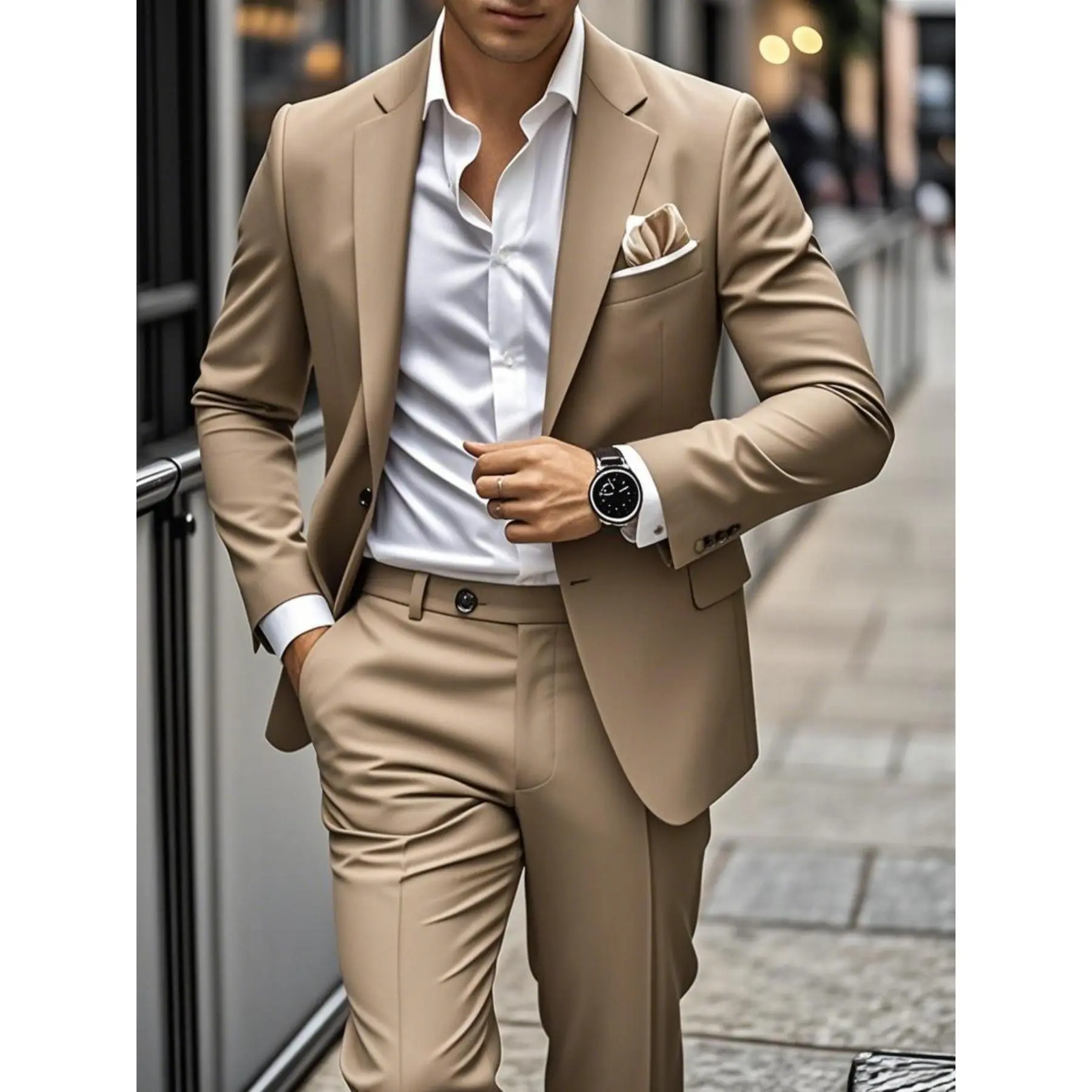 Men's 2-Piece Slim-Tailored Formal Groom Suit Set - Long Sleeve Plain Jacket & Trousers, Monochrome Multi-Part Body-Fitting All-Season Light-Colored Men's Suits, Ideal for Wedding, Party, Monochrome Men's Suits