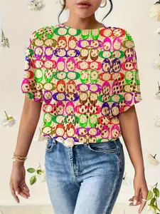 Women's Geometric Pattern Colorblock Print Round Neck Sweater, Casual Batwing Sleeve Knitwear for Fall Winter, Comfortable Warm Clothing