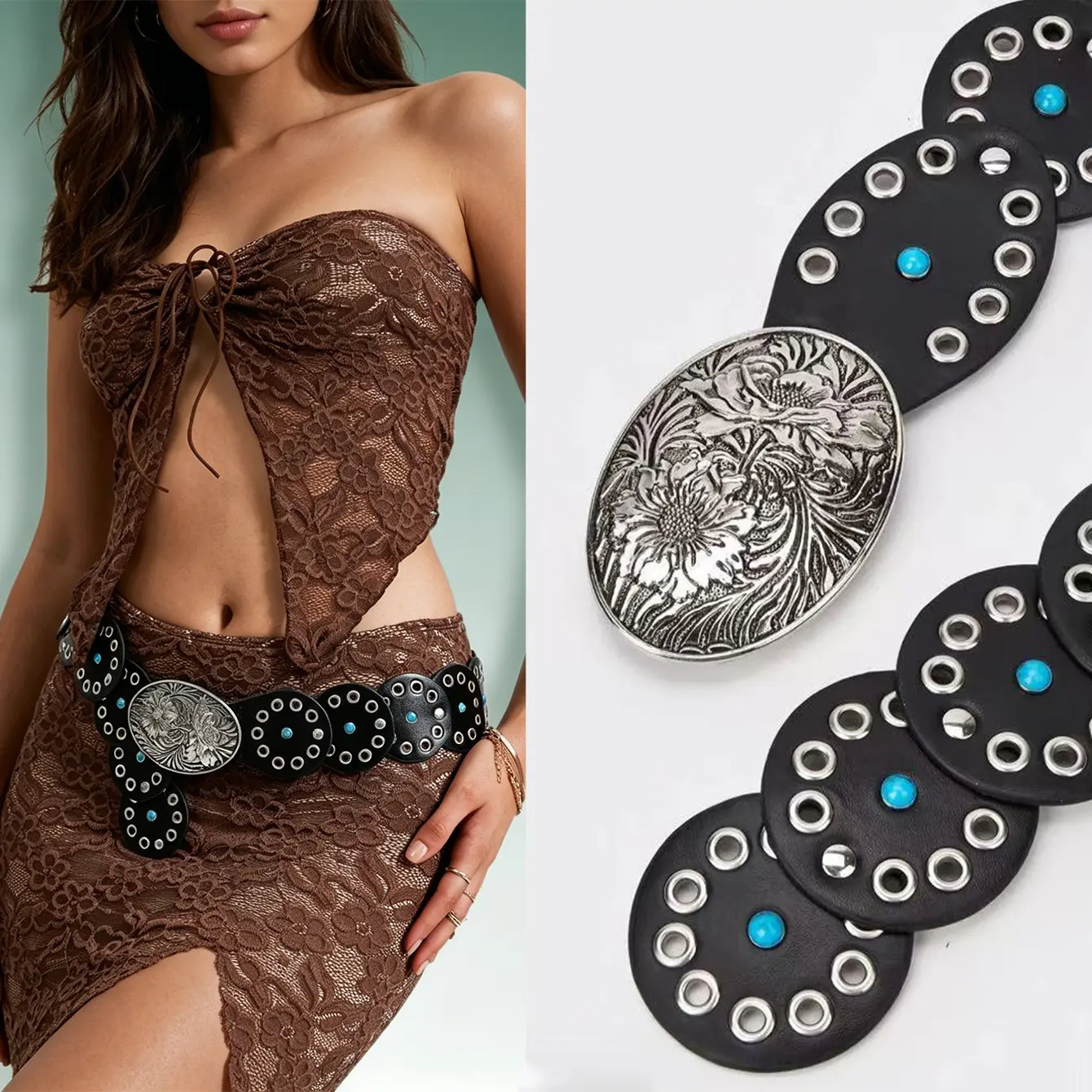 Vintage Cowgirl Style Concho Belt | Turquoise & Silver Ornate Buckle Y2K Western Concho Belt detail