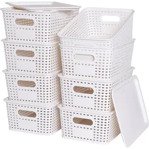 Stackable Plastic Storage Baskets with Lids, 8 Pack White Storage Bins for Organizing Shelves Drawers Desktop Closet Playroom Classroom Office, Size 10.2 x 7.2 x 4.1 Inch