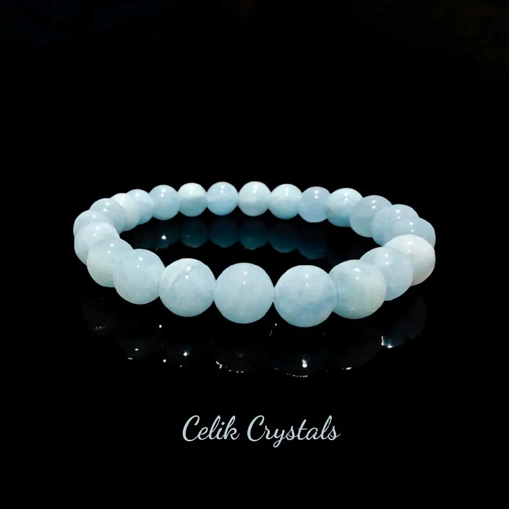 Aquamarine Bracelet - Natural Stones 8mm Bead Stretch Crystal Healing Bracelet for Adults - Unisex Handmade Jewelry