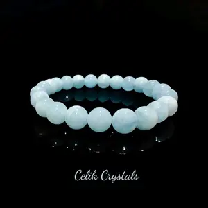 Aquamarine Bracelet - Natural Stones 8mm Bead Stretch Crystal Healing Bracelet for Adults - Unisex Handmade Jewelry
