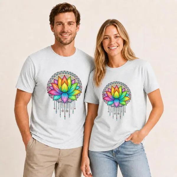 CARPESUN, Bohemian Style, T-Shirt, Colorful Lotus Mandala Dreamcatcher Print, Soft Cotton Blend, Unisex Casual Wear, Single Pack