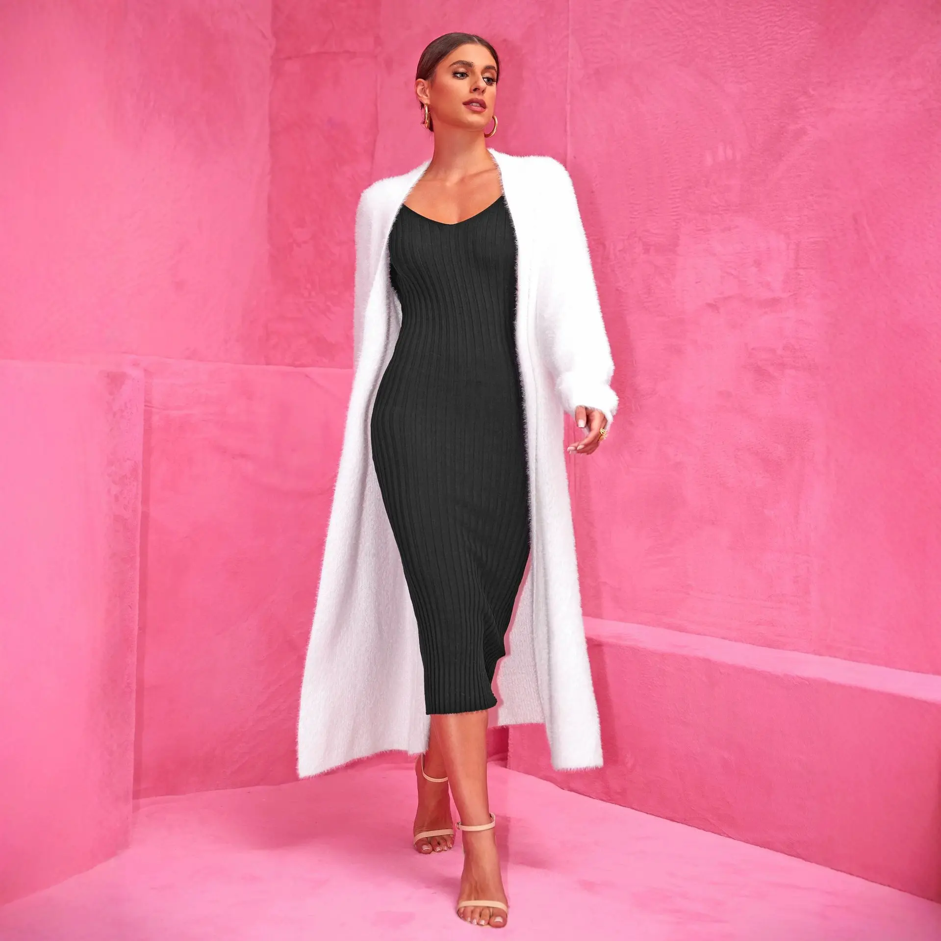 Joyfunear Women's Casual Long Knit Cardigan Faux Fur Coats with Long Sleeves Solid Color Design for Winter Wear Elegant Womenswear Fluffy Knitwear Bottom Piece