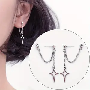 All Stainless Steel Meteor Stud Earrings - Hypoallergenic, Front-Back Style, Gemini Pendant Earrings, Interlocking, Metallic Star, Raised Metal, Star-Shaped Fashion Costume Jewelry, Interlocking Earrings