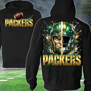 Pack Up All The Competitors Football 2 Sided Hoodie, Football Player Sweatshirt, Sports Apparel, Green & Yellow Helmet Pullover Classic T-shirt, Graphic Printed Streetwear Top, 100% Classic Cotton, Gift For Fans