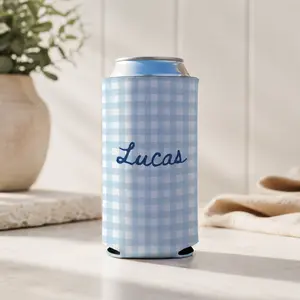 Custom Gingham Can Cooler Groomsmen Bachelorette Party Guests Preppy Classic Southern Aesthetic White Neoprene Checkered Drink Sleeve With Custom Name Script Font Monogrammed Favor