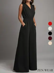 Spring Summer New Women's Casual Solid Color Small V-Neck Jumpsuit Vest Zllz, Stylish One-Piece for Daily Wear Womenswear
