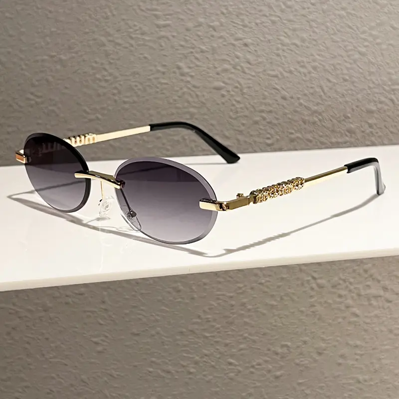 1 Pc Light Luxury New Niche Design Rimless Cut Oval Sunglasses With Metal Temple Design Trendy Unique High-End Versatile Fashion Accessories, Polycarbonate, One-Piece