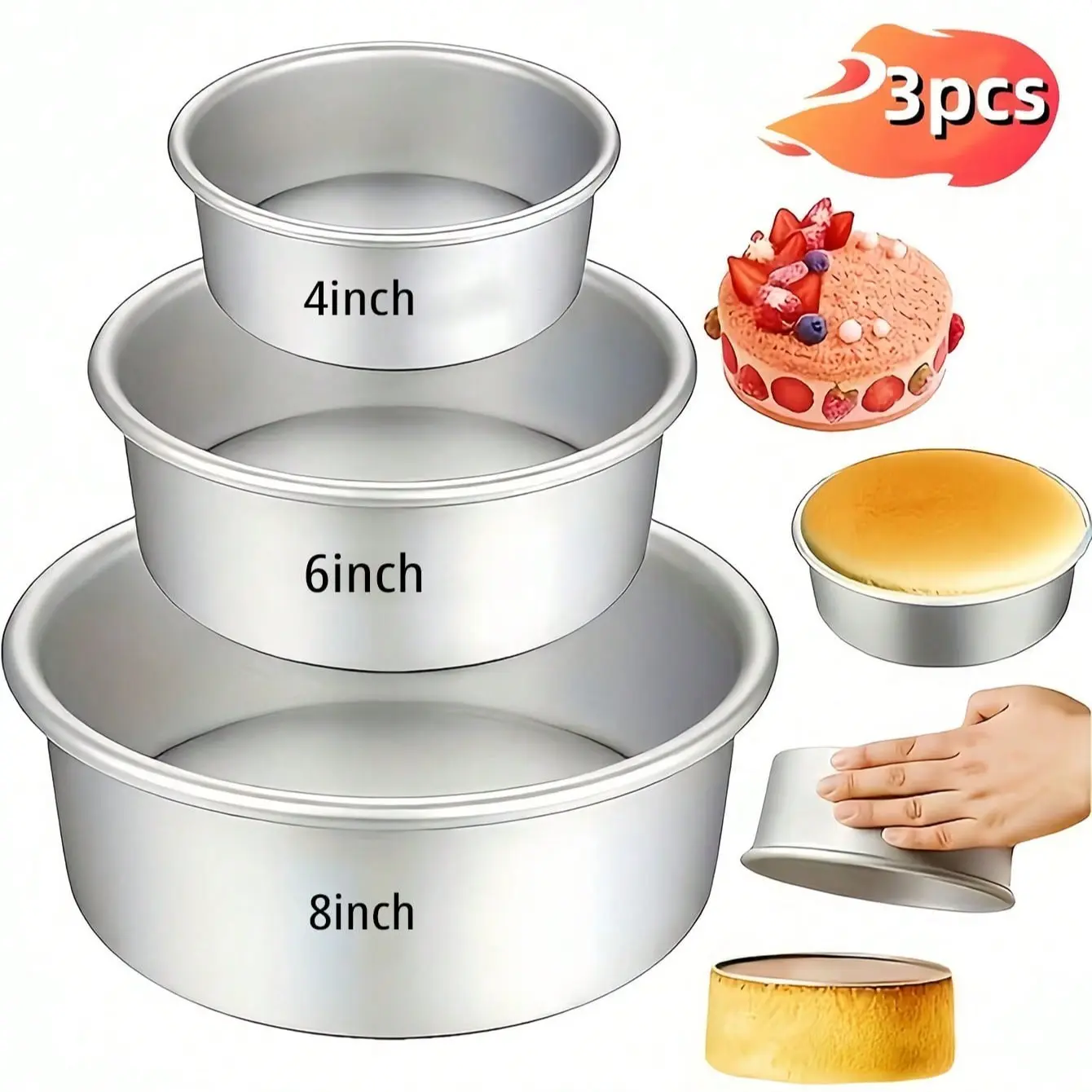 Aluminum Cake Pans Set (3 Pieces), Non-Stick Round Baking Molds, Nonstick Baking Mold, Bakeware, Baking Essentials, Dishwasher Safe, Oven & Freezer Safe, Detachable Bottom