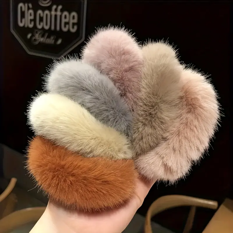 6-Pack Artificial Fur Hair Ties, Fluffy Ponytail Holders and Wristbands for Women's Daily Use in Multiple Colors