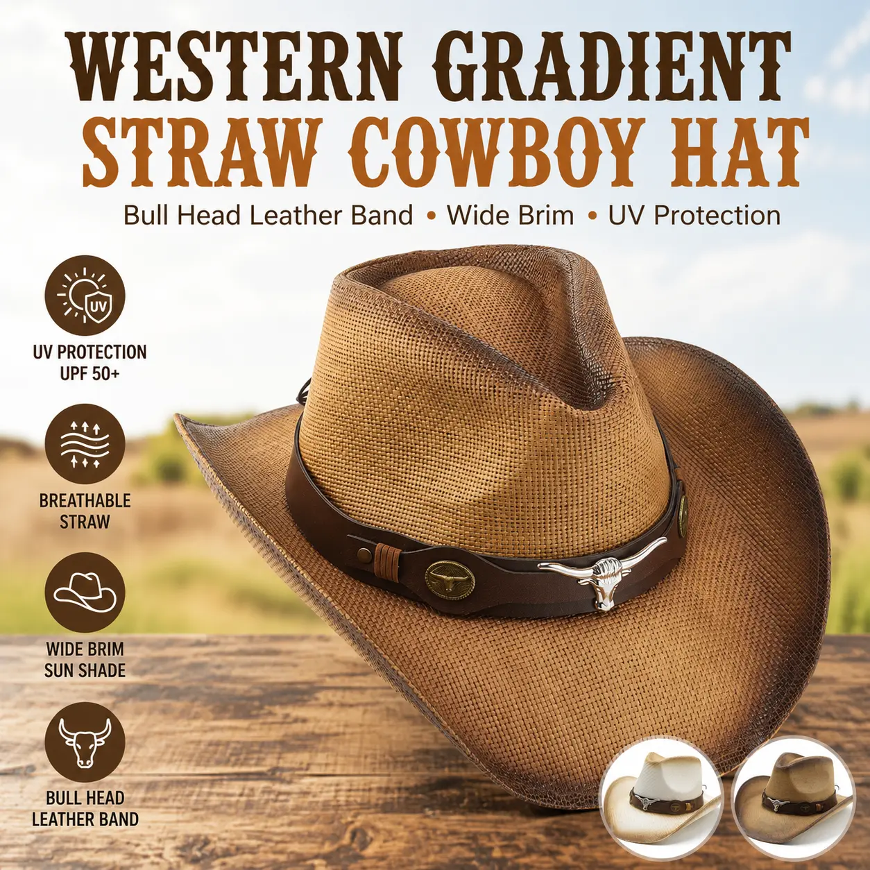 Western Gradient Straw Cowboy Hat With Bull Head Leather Band, Wide Brim Uv Protection Summer Sun Hat For Men Women Beach Rodeo Party