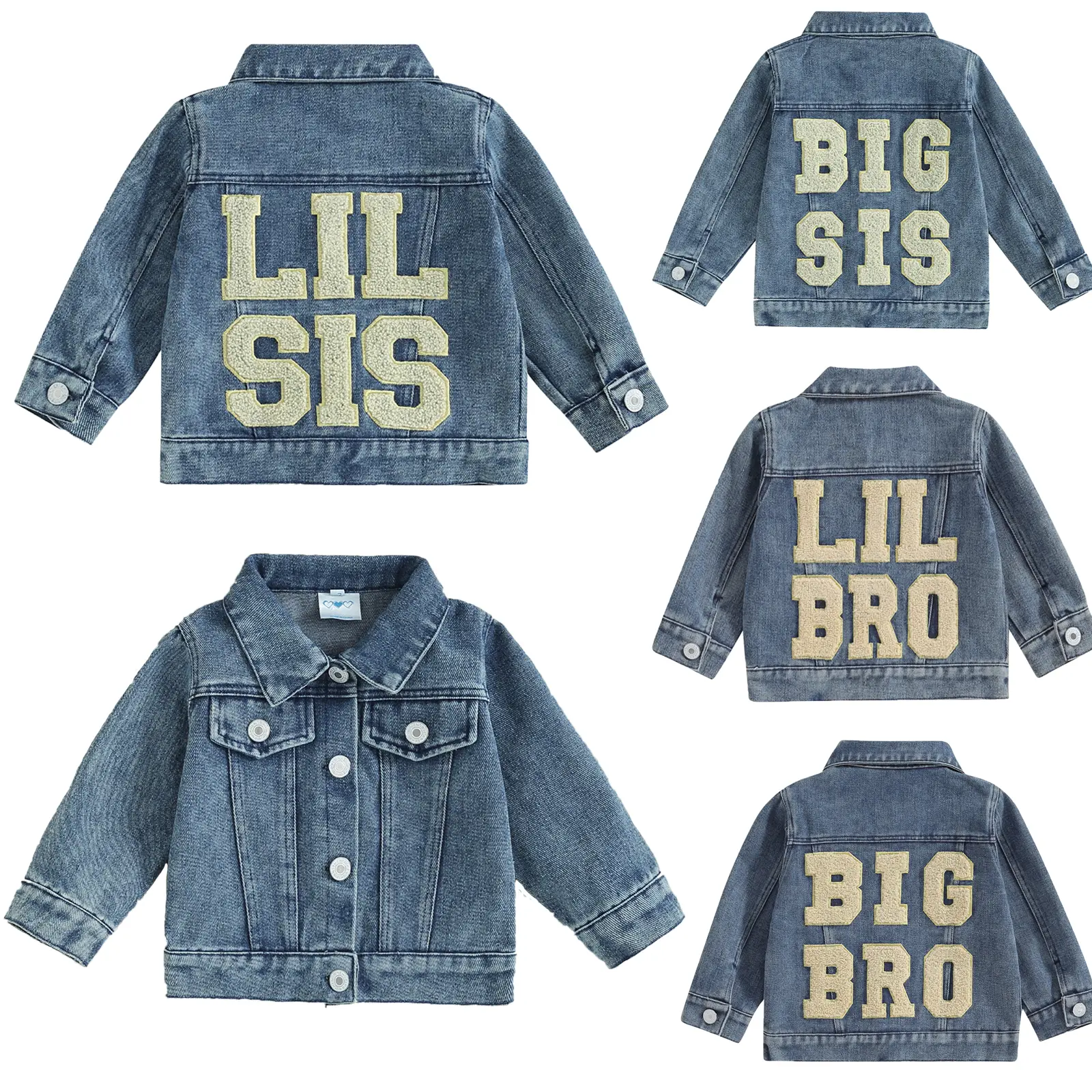 Babamoon Toddler Clothes, Kids Baby Girls Denim Jacket, Big Lil Sis-Brother Matching Set, Basic Button-Down Outwear Coat