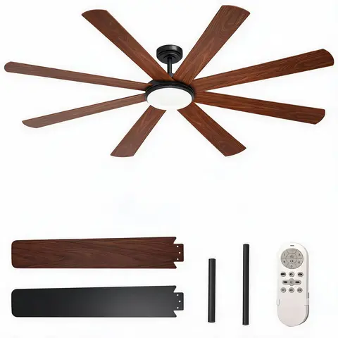 Hosslly Adjustable Modern Black Round Ceiling Fan with Integrated Dimmable LED Lighting - 52/72in Flush Mount, 8 Reversible Warm/Cool Blades, Quiet High-Output Motor, Wide Power, Remote Control, Energy Saver for Bedroom, Large Rooms
