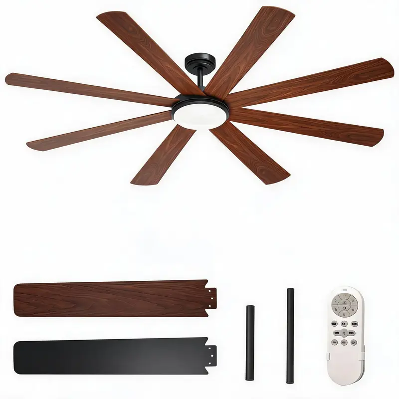 Hosslly Adjustable Modern Black Round Ceiling Fan with Integrated Dimmable LED Lighting - 52/72in Flush Mount, 8 Reversible Warm/Cool Blades, Quiet High-Output Motor, Wide Power, Remote Control, Energy Saver for Bedroom, Large Rooms