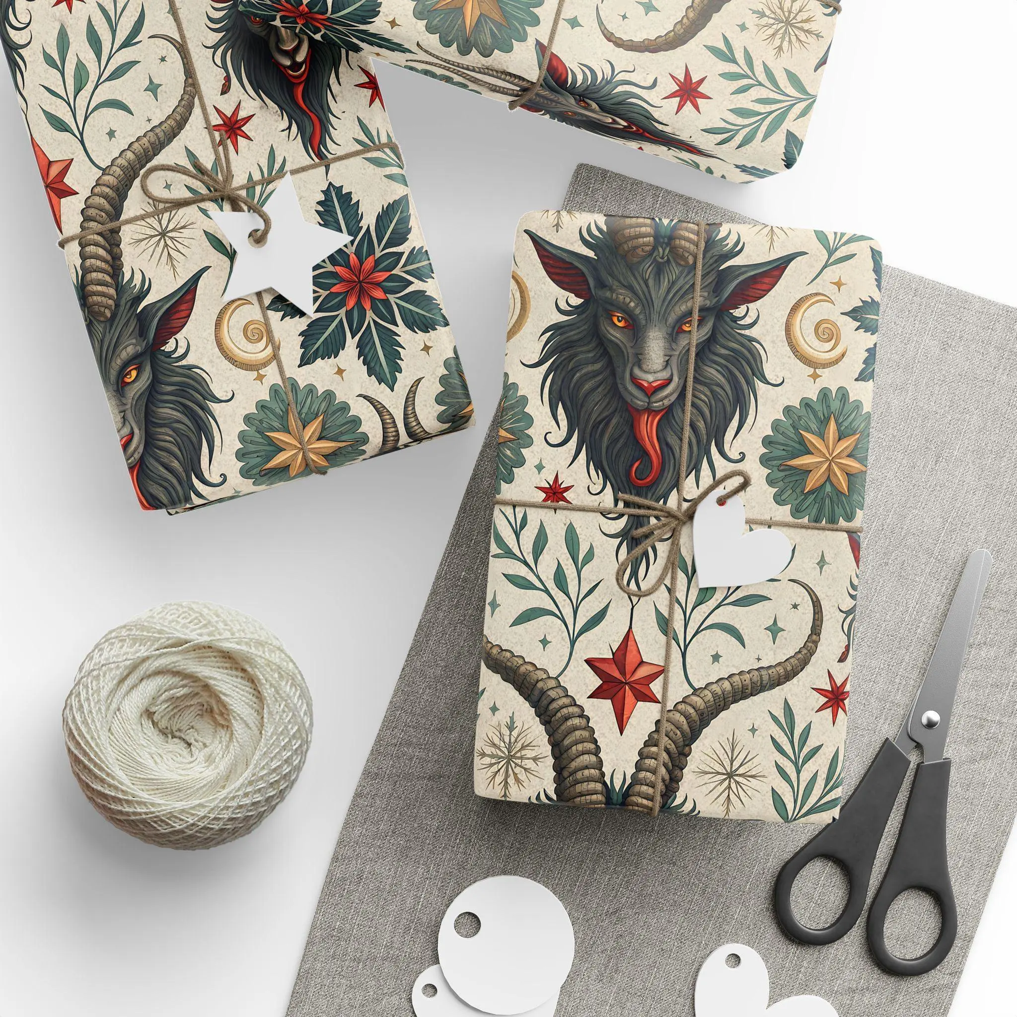Krampus Wrapping Paper, Gothic Botanical Holiday Gift Wrap, Dark Christmas Present Paper with Spooky Floral Winter and Creepmas Aesthetic