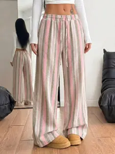 Women's Pink Green Striped Wide Leg Linen Pants, Casual Comfy Drawstring Woven Trousers for Beach Vacation, Ladies Baggy Bottoms for All Seasons, Casual Loose Pants