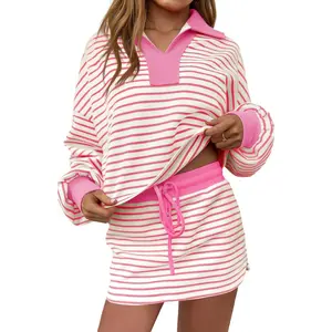Womens Striped 2 Piece Outfits Casual Sweatshirt Skirt Set Long Sleeve Skort Workout Set Matching Lounge Sets 2026