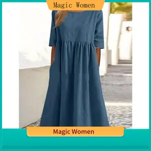 Magic Women Women's Chic Solid Cotton Flared Long-Sleeve 5-Button Round-Neck Plus-Size Casual Loose Dress with Pockets