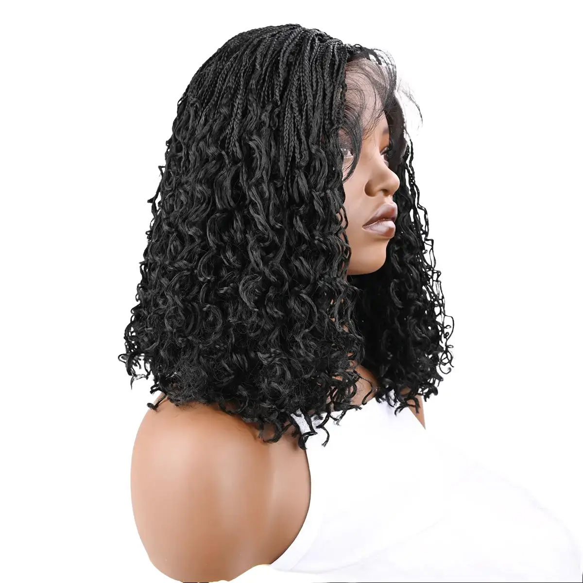 Female 12-Inch Short Synthetic Boho Braided Wig - Double Full Lace Blended Hair with Bohemian Curly Ends, Lace Frontal Wigs for Braids Hairstyles & Protective Styles