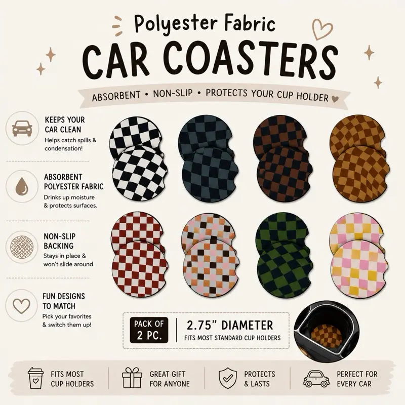 Handmade Car Coasters 1 SET (2pc) 2.75" diameter | Cute Checkered, Floral & Themed Designs | Absorbent Neoprene Cup Holder Inserts | Car Accessories