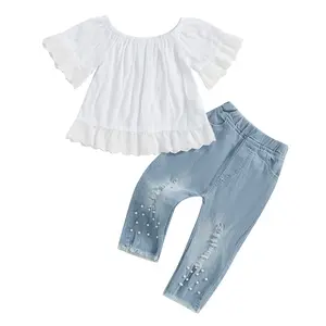Kids Toddler Baby Girl Pants Set Off Shoulder Short Puff Sleeve Lace T-Shirt Sweatshirt Tops with Pearl Ripped Jeans Long Pants Outfits