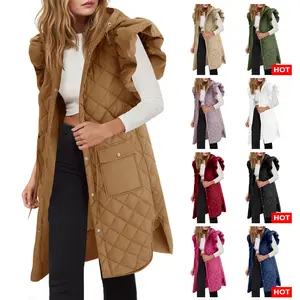 Tankaneo Womens Long Puffer Vest Ruffle Sleeve Winter Coats Hood Sleeveless Quilted Jackets Outwear