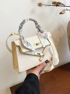 Women's Crocodile Pattern Faux Leather Handbag, Fashionable Elegant Design, Includes Scarf Accessory, Adjustable Shoulder Strap