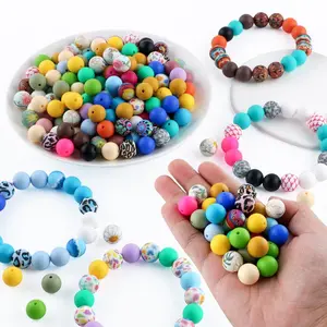 50Pcs Mixed Color 15mm Silicone Beads Set,15mm Cow Leopard Sunflower Printed Solid Color Silicone Beads for Keychain Making and Bracelet Jewelry Making, Beaded Pens DIY Crafts