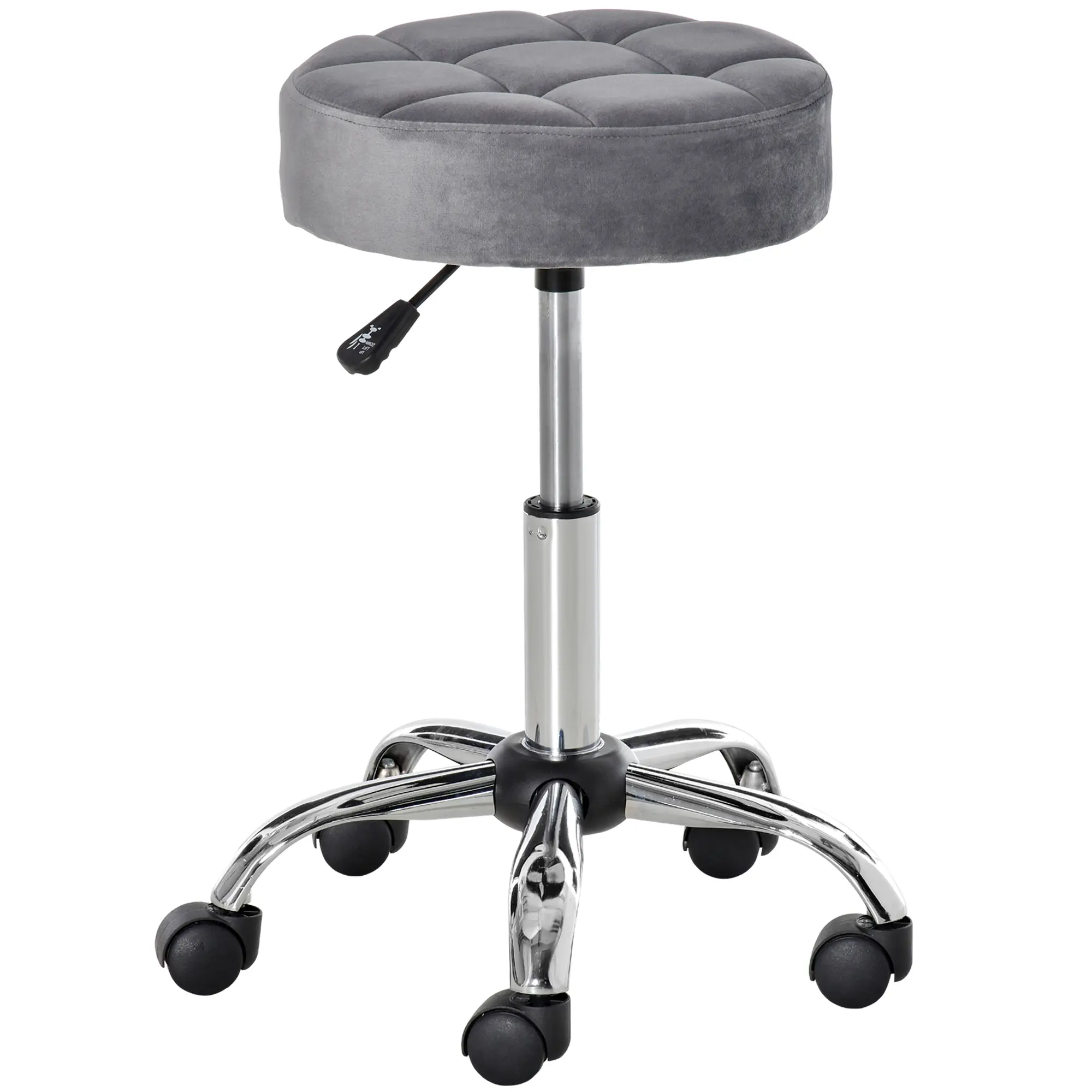 Height-Adjustable Round Rolling Stool, Luxury Upholstered Swivel Office Stool with Wheels, Ideal for Work & Spa Salon Use, Grey