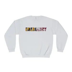 Emergency Text Crewneck Sweatshirt | Bold Lettering, White Pullover